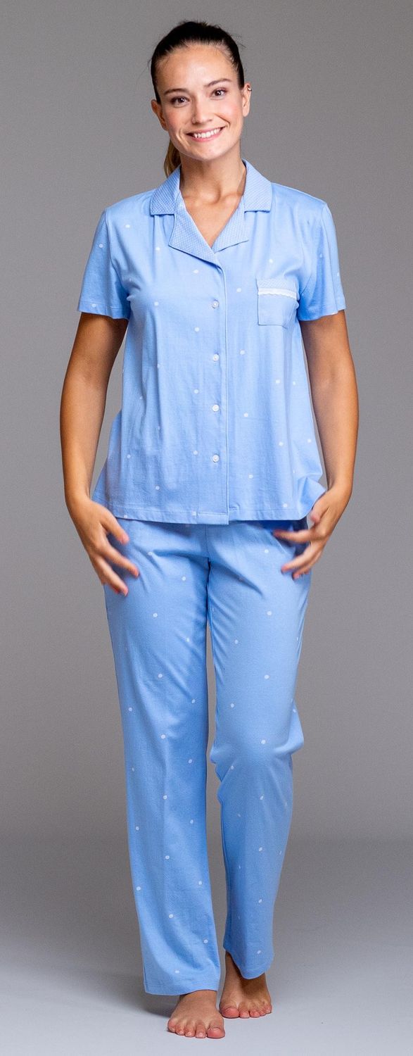 Egatex Dames pyjama: Blauw, Doorknoop model, korte mouw en lange broek