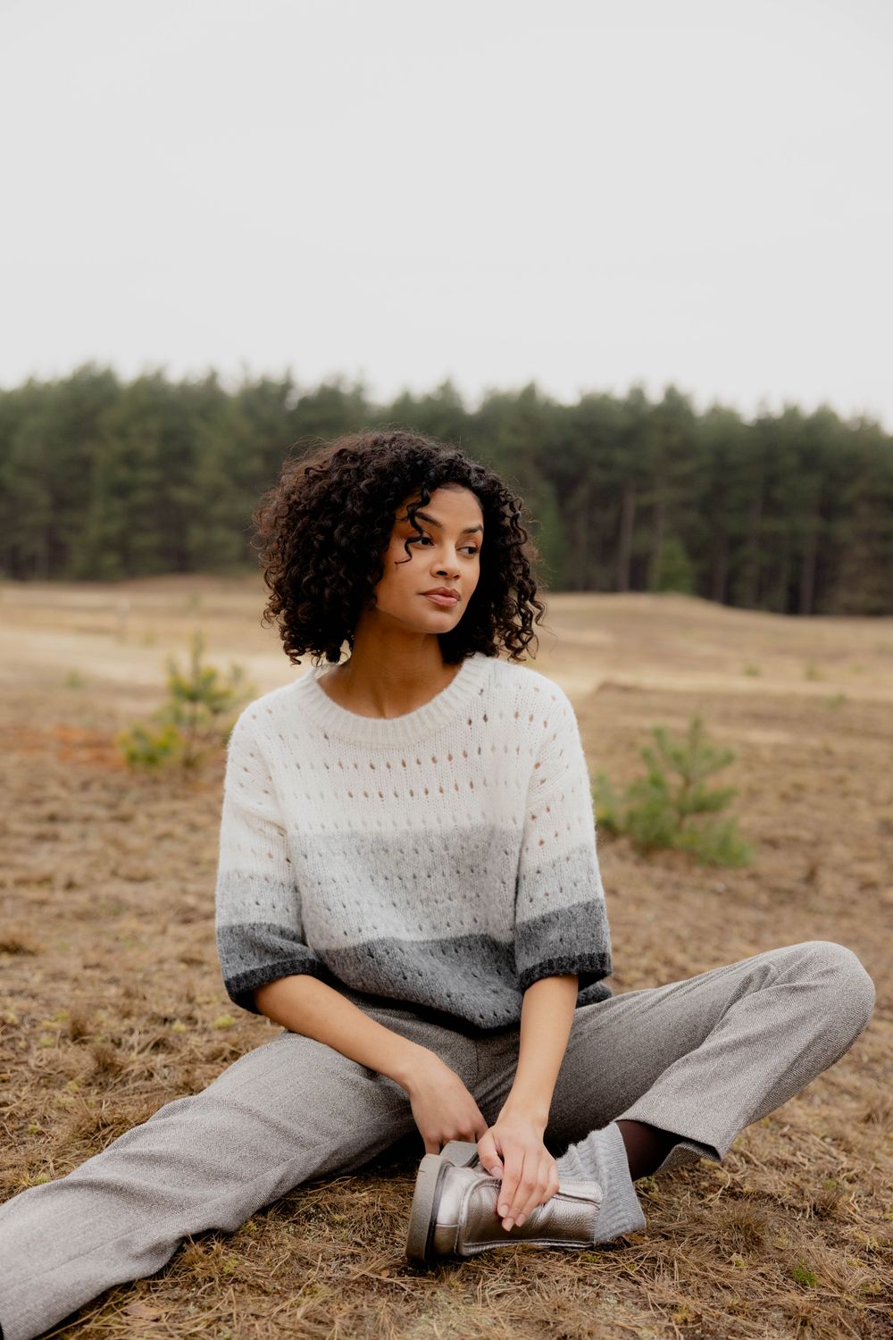 Signe Nature Dames trui: Grijs / ecru ( ajour ) Wol