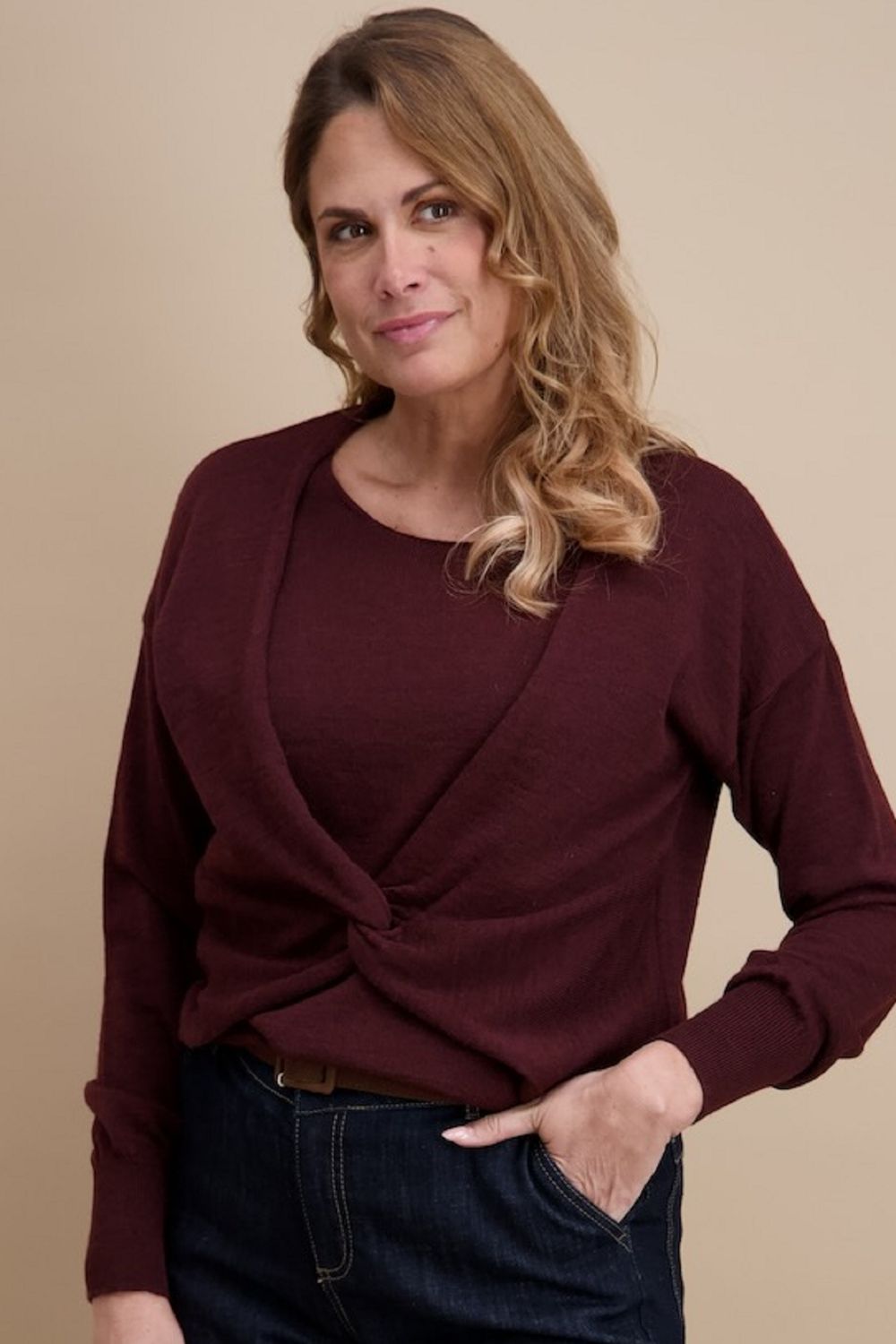 Signe Nature Dames trui: Bordeau, gekruiste fantasie op de buik