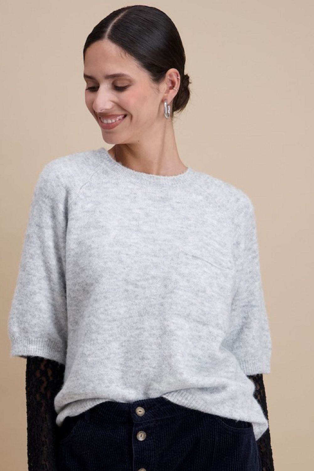 Signe Nature Dames trui: Grijs, korte mouw, Wol