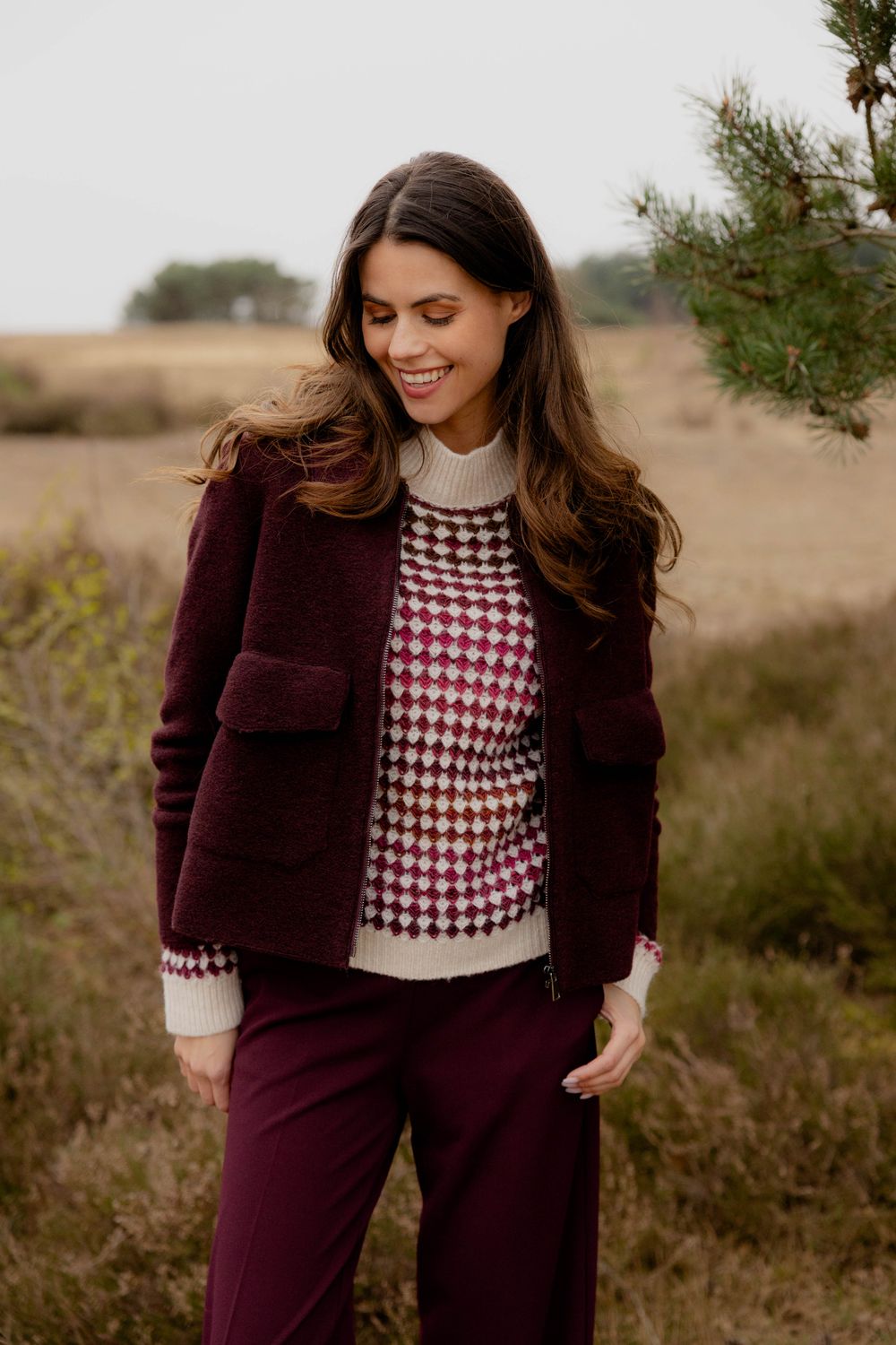 Signe Nature Dames trui: Bordeau / Ecru, Wol