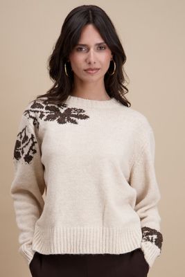 Signe Nature Dames trui: Beige met bruine bedrukking