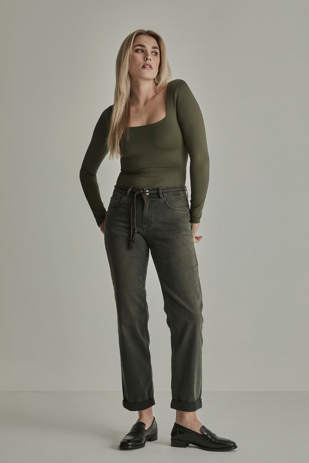 Para Mi Dames Jeans broek: Bobby, Green Smoke, Vintage denim, L30