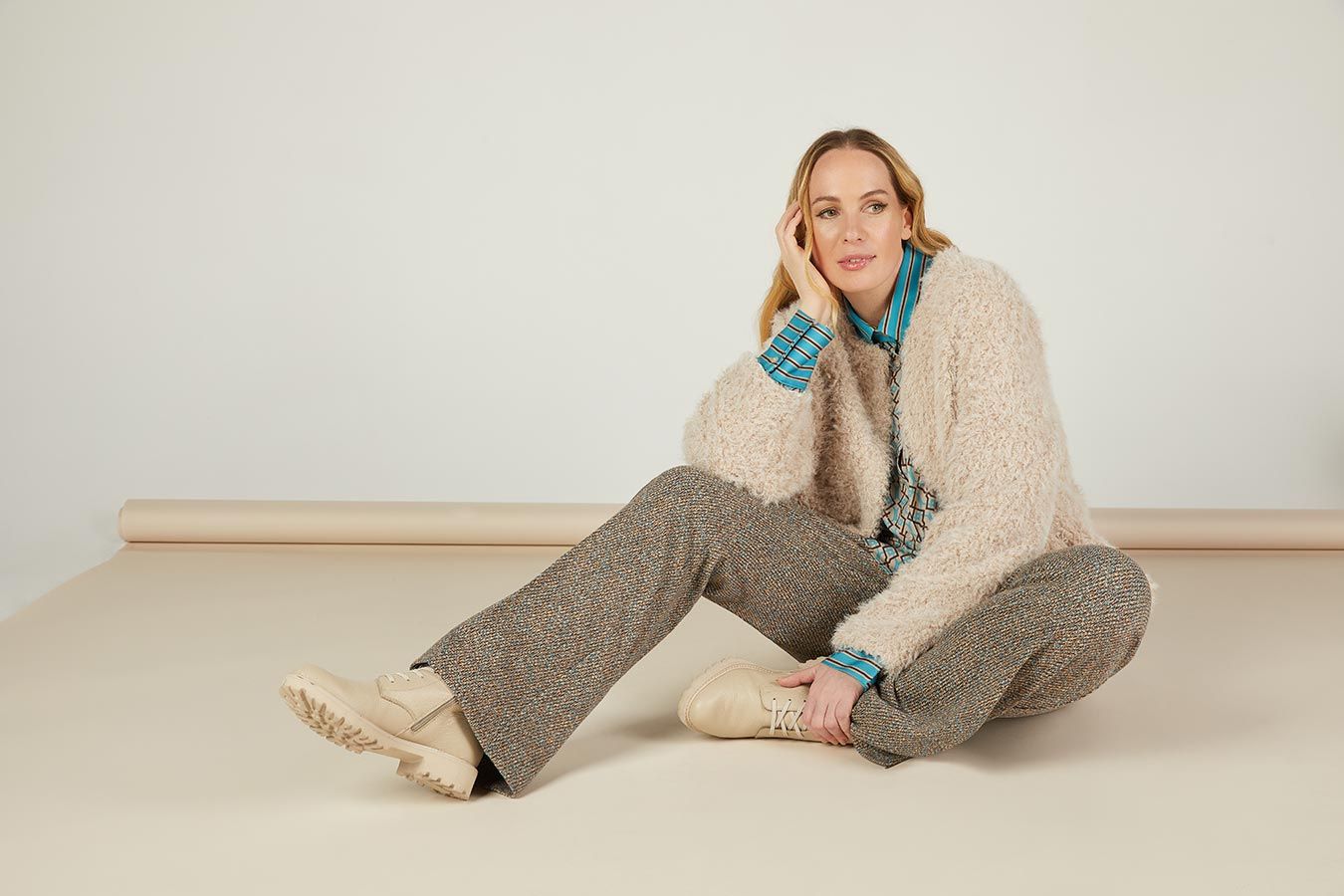 Mona Lisa Dames Broek: blauw / taupe, gespikkeld