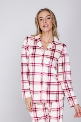 Pastunette dames Pyjama: Rode carree, Fleece, doorknoop model