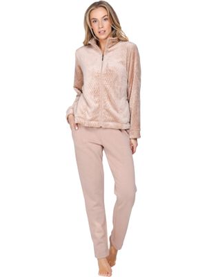 Pastunette dames Home wear: Licht beige, met rits, Lekker warm ( tot maat 54 )