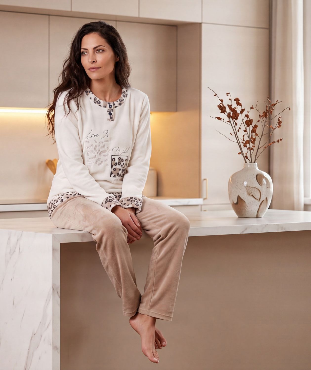 Egatex Pyjama Dames: Beige / ecru, Warme Fleece