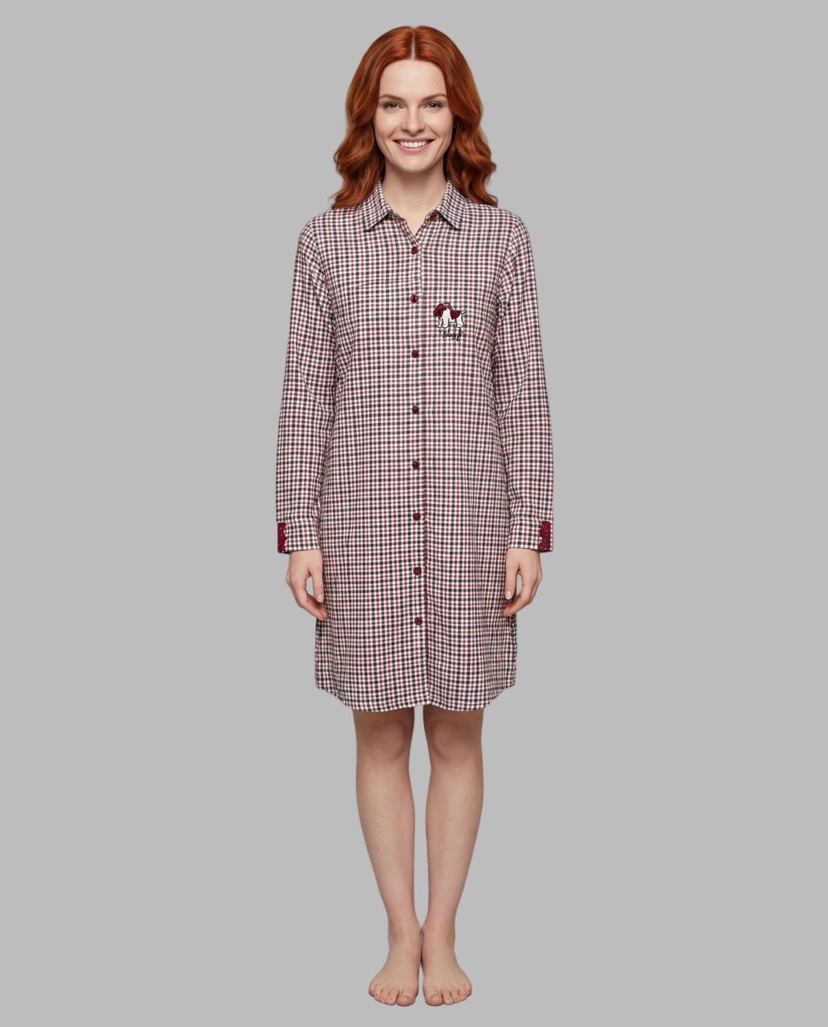 Egatex Senoretta Nachthemd Dames: Doorknoop model, Bordeaux karree