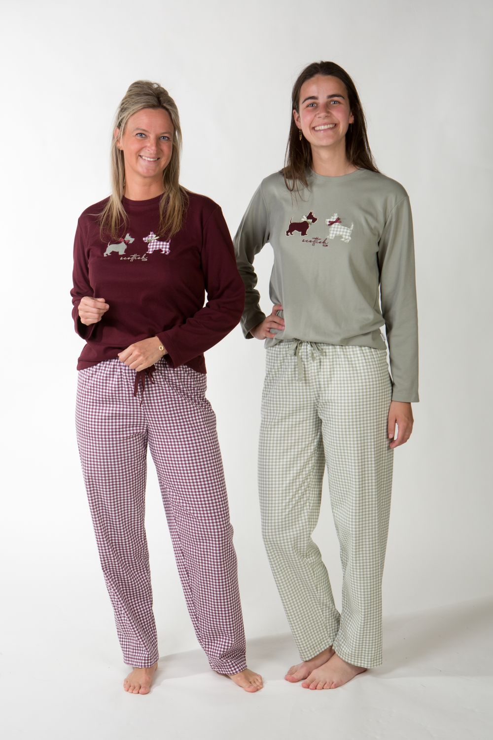 Perlina Dames Pyjama: Valentina A, Bordeaux of Groen, Interlock Brushed