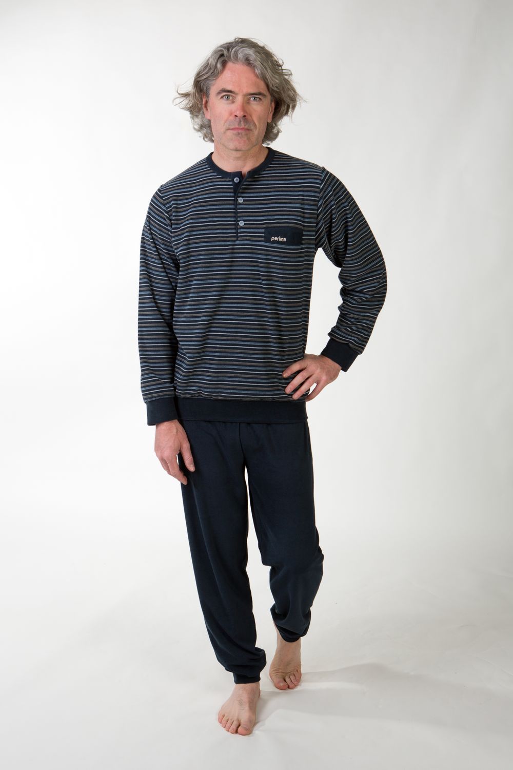 Perlina Heren Pyjama: Erik, Badstof, Blauw, Tot 8XL
