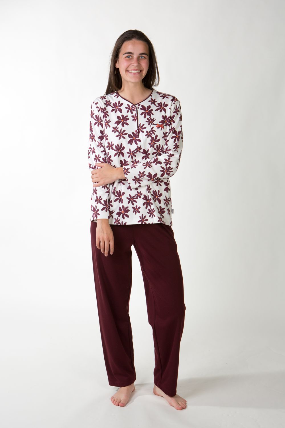 Perlina Dames Pyjama: Madison A, Bordeau, Interlock Brushed, tot 5XL