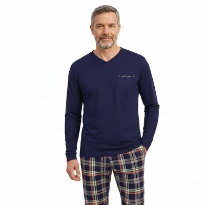 Ringella Pyjama Heren: Blauw / koraal, Interlock
