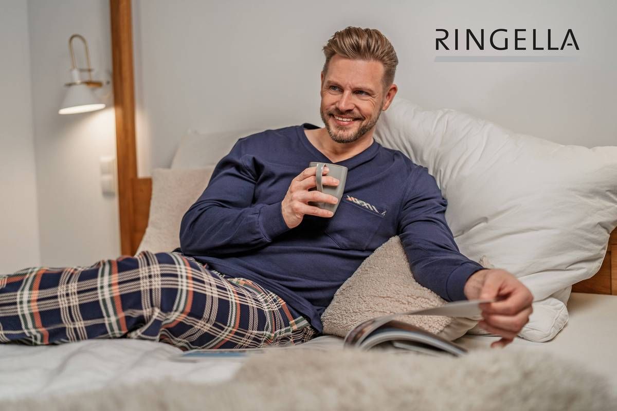 Ringella Pyjama Heren: Blauw / koraal, Interlock