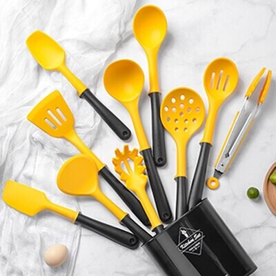 11PCS Handle Silicone Storage Barreled Kitchenware Non-Stick Cookware Cooking Spoon Spatula Food Clip Oil Brush Whisk Set