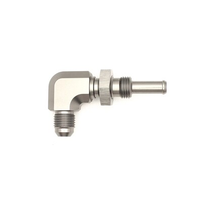 DEATSCHWERKS - 90 Deg 6AN Male Flare to 5/16&quot; Male Barb Bulkhead Adapter w/Nut