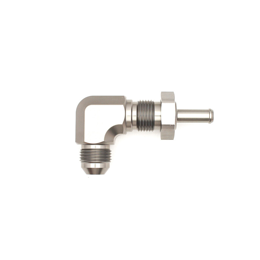DEATSCHWERKS - 90 Deg 8AN Male Flare to 5/16&quot; Male Barb Bulkhead Adapter w/Nut