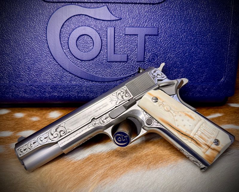 Engraved Colt Government Model 38 Super with Hand Carved Mammoth Ivory Grips