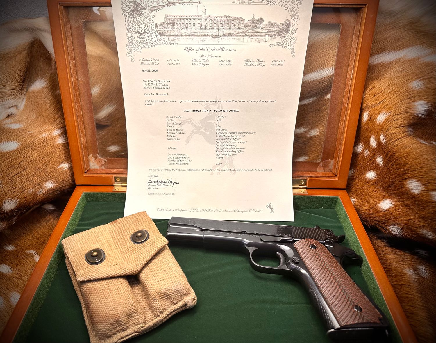 Lettered WWII Colt M1911 A1 .45ACP U.S. Army Service Pistol from 1944