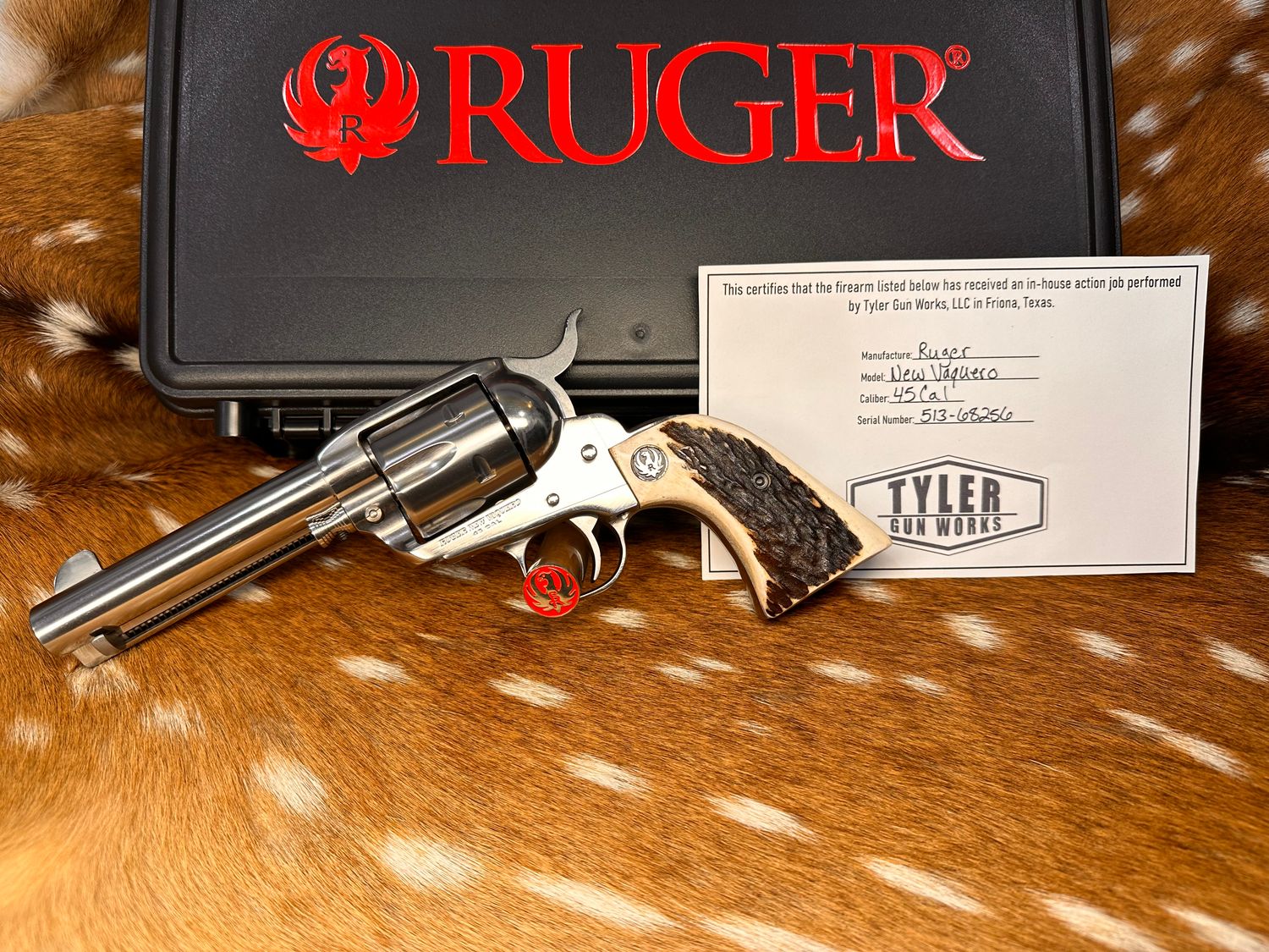 New in Box Ruger New Vaquero .45 Cal Revolver with Action Job & Custom Stag