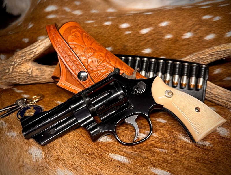 Texas Package - Smith & Wesson Pre-Model 27 .357 Magnum Revolver with Antique Ivory and Hand Carved Leather Holster