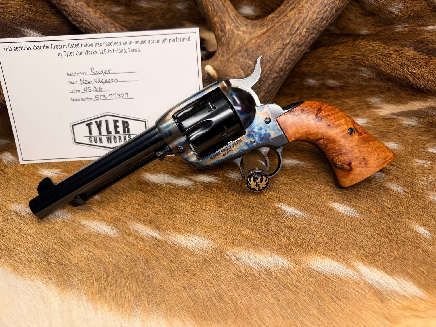 TGW Custom Ruger New Vaquero .45 Colt Revolver with TGW Color Case, Action Job & Maple Burl Grips TGW Custom Ruger New Vaquero .45 Colt Revolver with TGW Color Case, Action Job & Maple Burl Grips