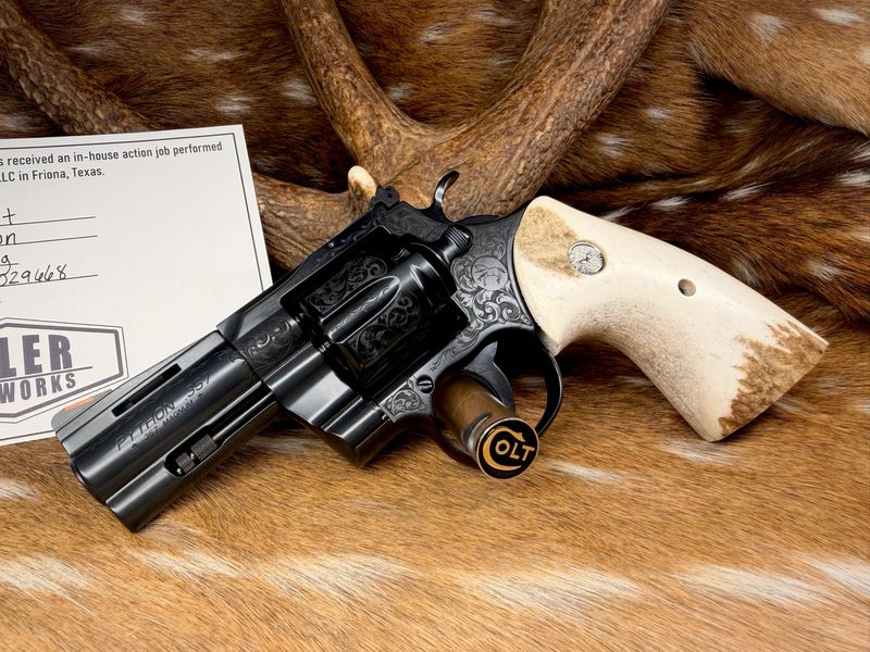 Engraved Colt Python .357Mag Revolver with Action Job and Custom Stag Grips