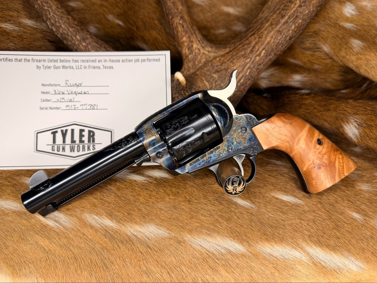 TGW Custom Ruger New Vaquero .45 Colt Revolver with TGW Color Case, Action Job & Maple Burl Grips TGW Custom Ruger New Vaquero .45 Colt Revolver with TGW Color Case, Action Job & Maple Burl Grips