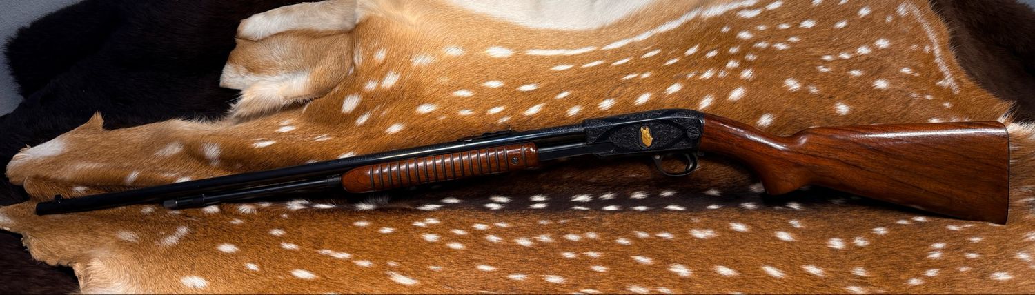 Winchester Model 61 .22 LR Pump Rifle – Engraved with Gold German Shepherd Inlay Winchester Model 61 .22 LR Pump Rifle – Engraved with Gold German Shepherd Inlay