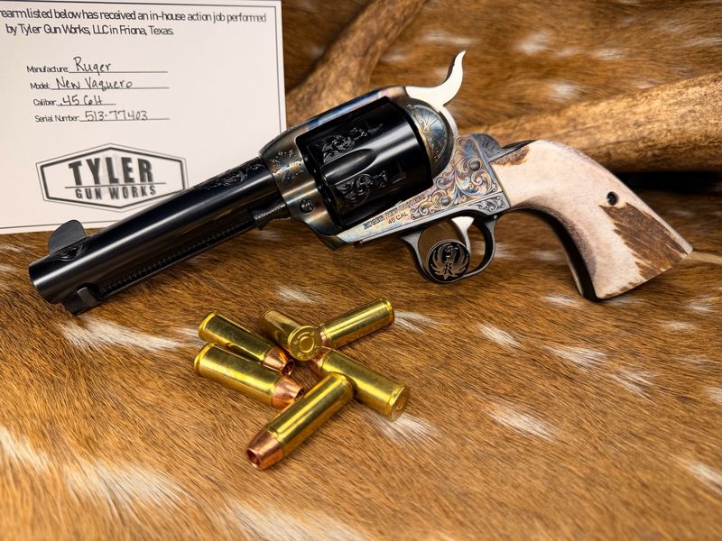 Engraved TGW Custom Ruger New Vaquero .45 Colt Revolver with TGW Color Case, Action Job & Elk Stag Grips Engraved TGW Custom Ruger New Vaquero .45 Colt Revolver with TGW Color Case, Action Job & Elk Stag Grips