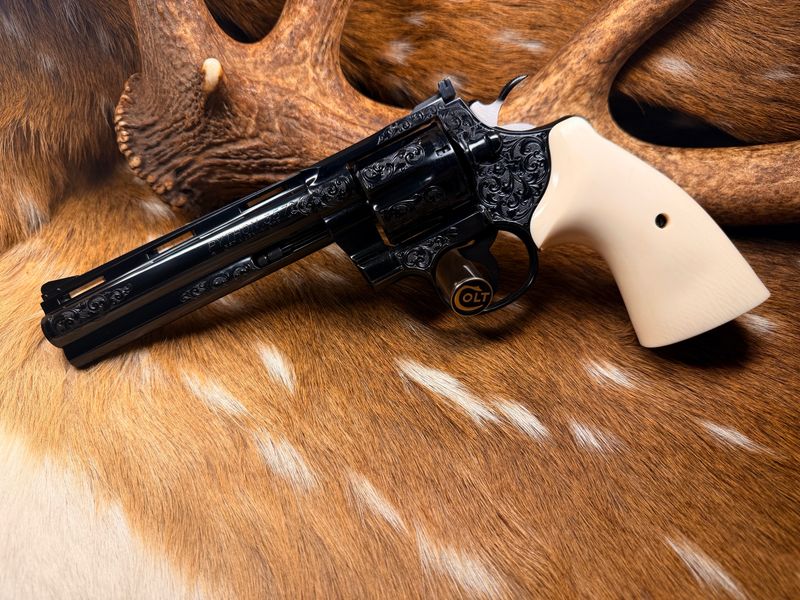 Engraved Old Model Colt Python .357 Magnum Revolver with Ivory Grips Engraved Old Model Colt Python .357 Magnum Revolver with Ivory Grips