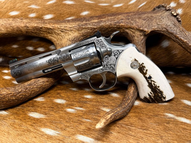 Engraved 4.25 Engraved 4.25" Colt Python .357 Magnum with TGW Stag Grips with Action Job