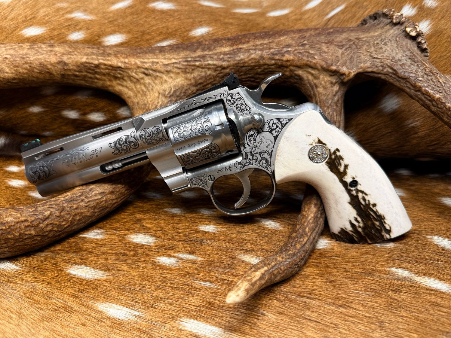 Engraved 4.25" Colt Python .357 Magnum with TGW Stag Grips with Action Job