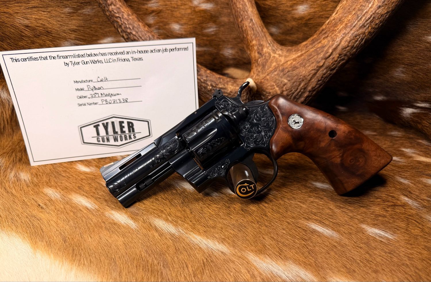 Hand Engraved 3 Hand Engraved 3" Colt Python .357 Magnum with TGW Bear Hug Grips and Action Job