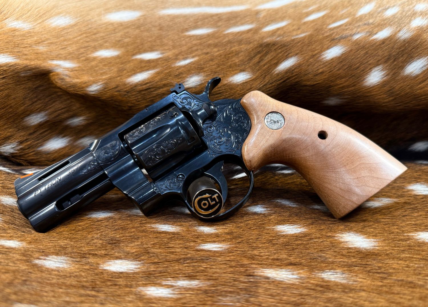 Hand Engraved 3 Hand Engraved 3" Colt Python .357 Magnum with TGW Bear Hug Grips and Action Job