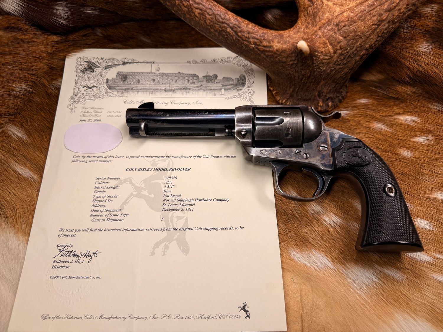 Colt Bisley Model Revolver .45 Colt – 4¾" – 1911 – Colt Archive Letter