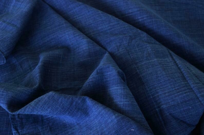 Hand Spun Hand Woven  Cotton Fabric Natural Indigo​ Color .