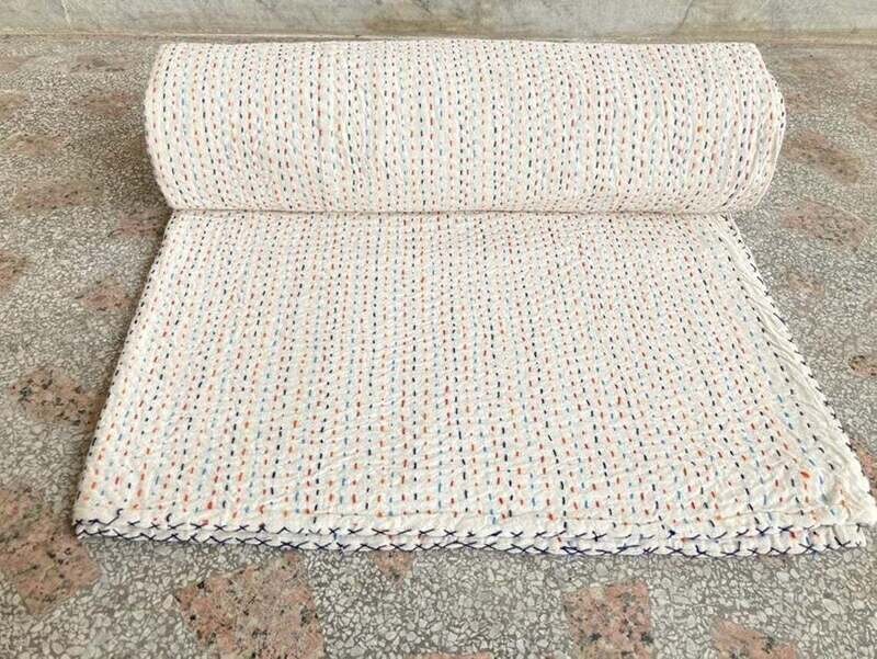 Kantha Quilt Indian Cotton Bedspread Handmade Blanket Throw Double Size Coverlet Bedding Bedspread Large White Solid Pattern