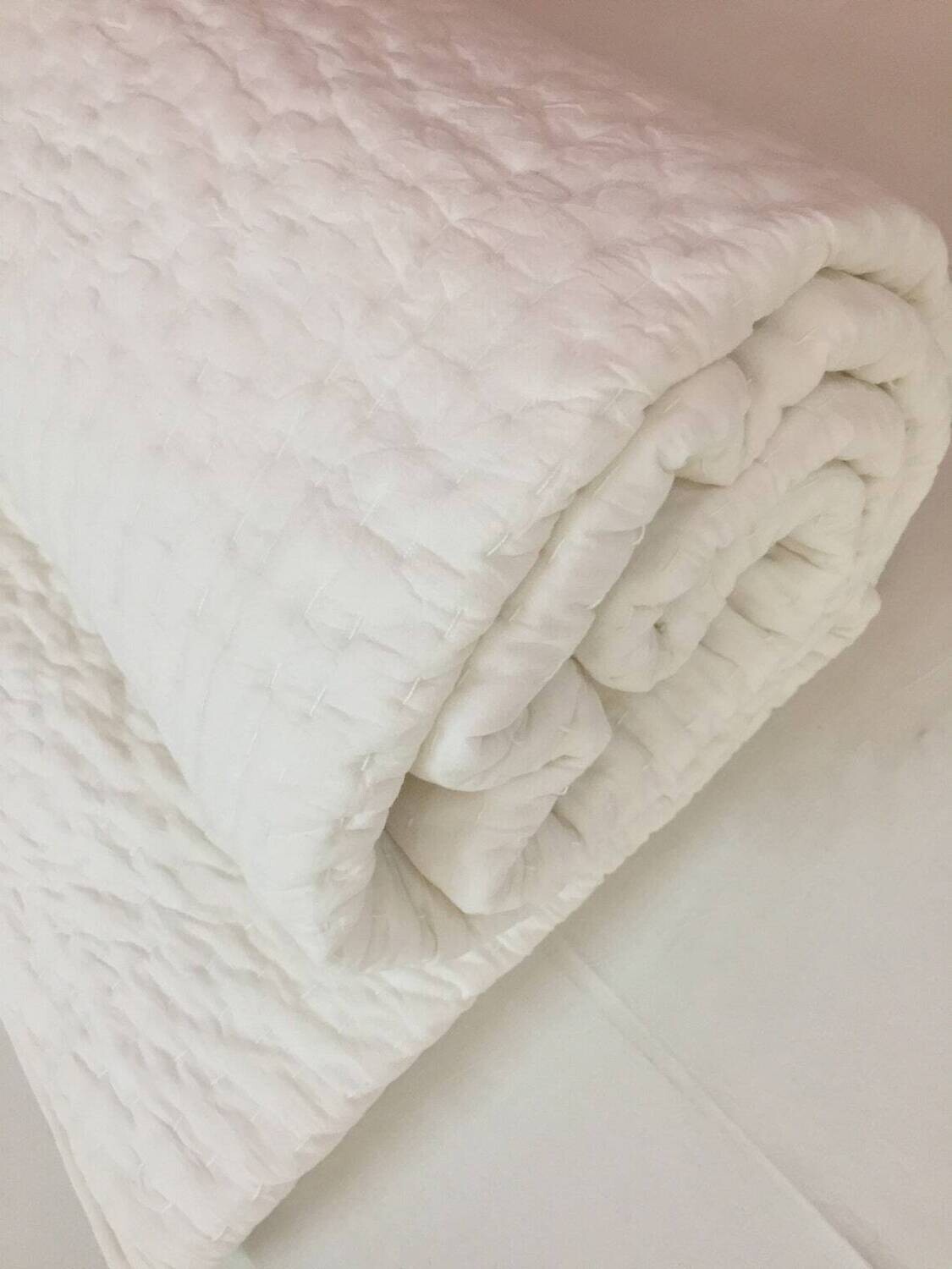 Solid White Cotton Kantha Quilt Hand Stitched Plain White Thread