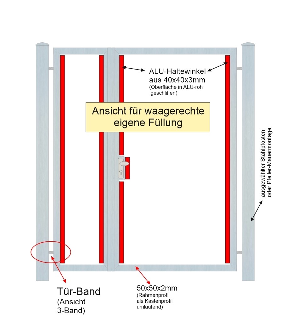 Gartentür "Eigene Füllung waagerecht" 2-flüglig Edelstahl V2A