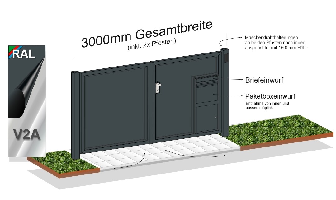 Gartentor mit Paketbox (0232), Lieferzeit auswählen: herstellen mit Lieferzeit 5-7 Wochen