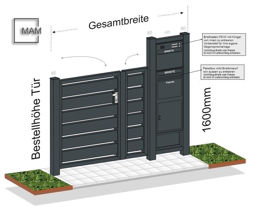 Gartentür "Sichtschutz" 2-flüglig mit Briefkasten und Paketbox