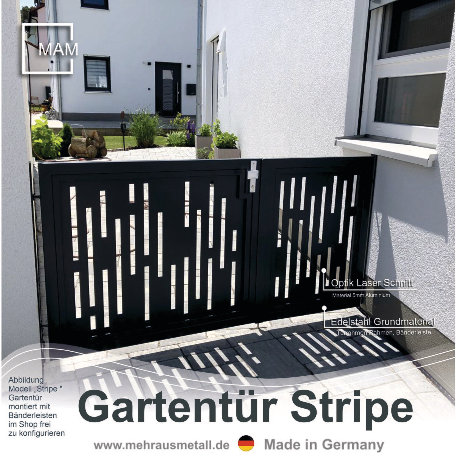 Gartentür 2-flüglig  "Laser Stripe" ALU farbbeschichtet