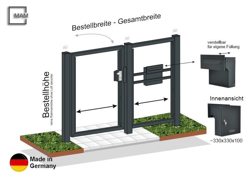Gartentür 1-flüglig mit Zaunfeld und Briefkasten für eigene Füllung