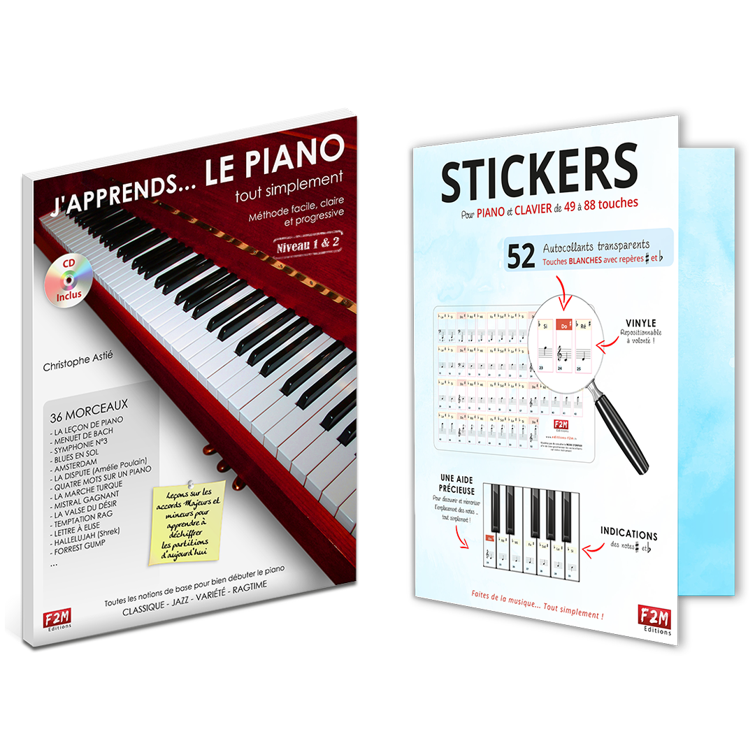 Offre DUO - J'apprends LE PIANO tout simplement - Vol 1 + Stickers pour  PIANO et CLAVIER de 49 à 88 touches