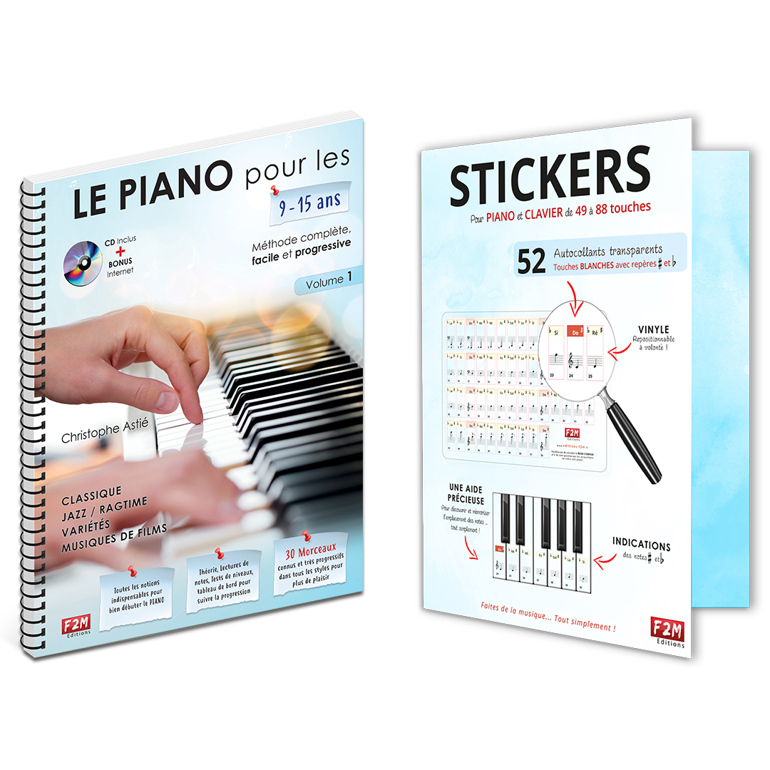 Offre DUO - LE PIANO pour les 9/15 Ans - Vol 1+ Stickers pour PIANO et CLAVIER de 49 à 88 touches