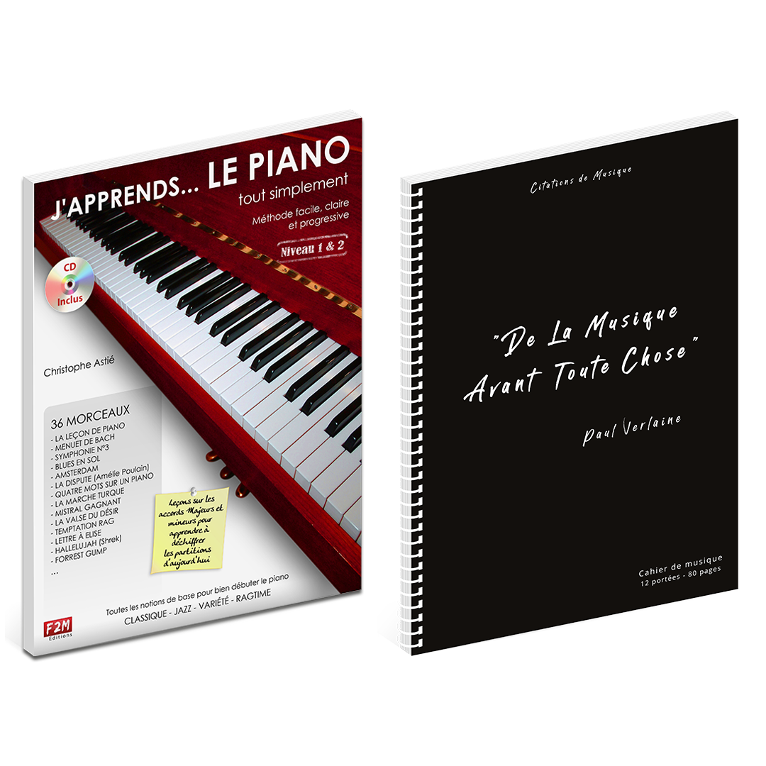 Offre DUO - J'apprends LE PIANO tout simplement - Vol 1 + Cahier de musique Verlaine - 12 portées - 80 pages prédécoupées