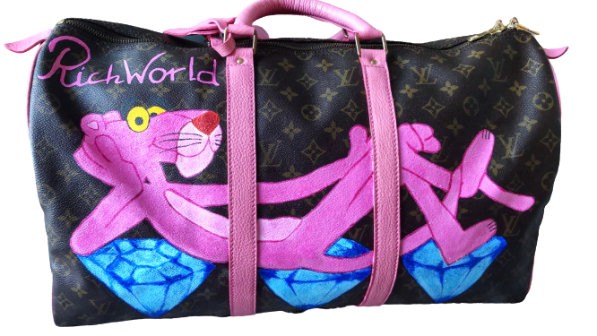 Beautiful Louis Vuitton Keepall travel bag 55 cm in Monogram canvas  customized by the popular Street Art artist PatBo customized Pink Panther  loves Bubbles Brown Cloth ref.697333 - Joli Closet