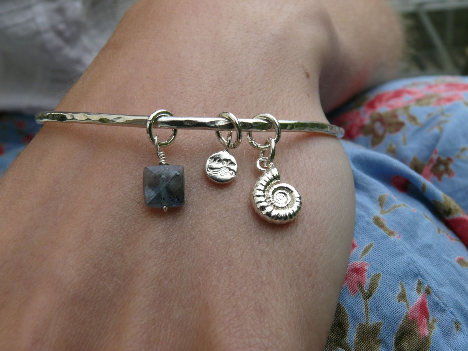 Ammonite Fossil, Kyanite & Silver Pebble Bangle