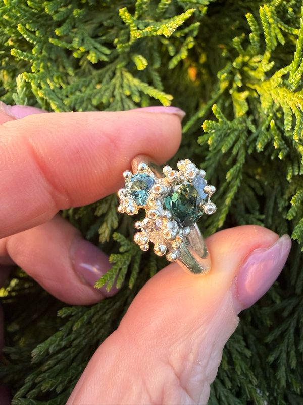 Hebridean Tide Ring  |  One-of-a-Kind Green & Teal Sapphire and Moissanite Ring in Natural White Gold