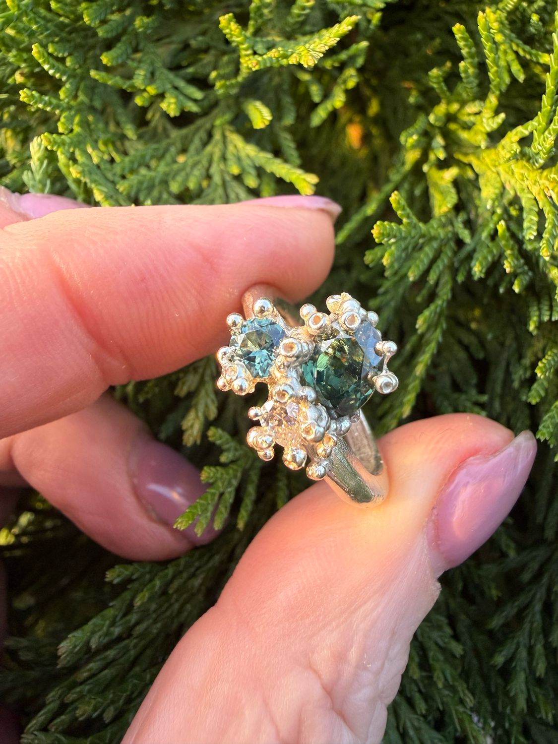 Hebridean Tide Ring | One-of-a-Kind Green & Teal Sapphire and Moissanite Ring in Natural White Gold Hebridean Tide Ring | One-of-a-Kind Green & Teal Sapphire and Moissanite Ring in Natural White Gold